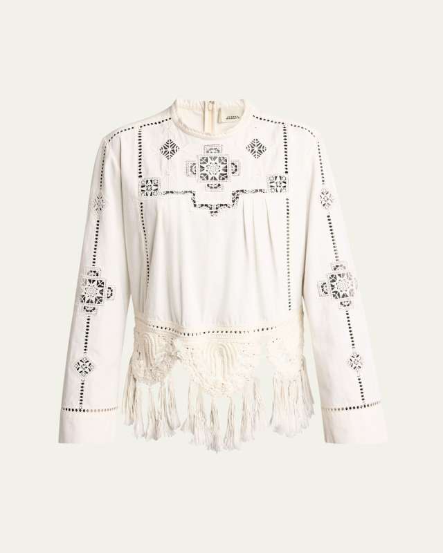 Severine Crochet Fringe-Hem Long-Sleeve Blouse